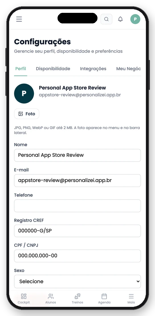App Personalizei no iPhone: conta e plano do personal
